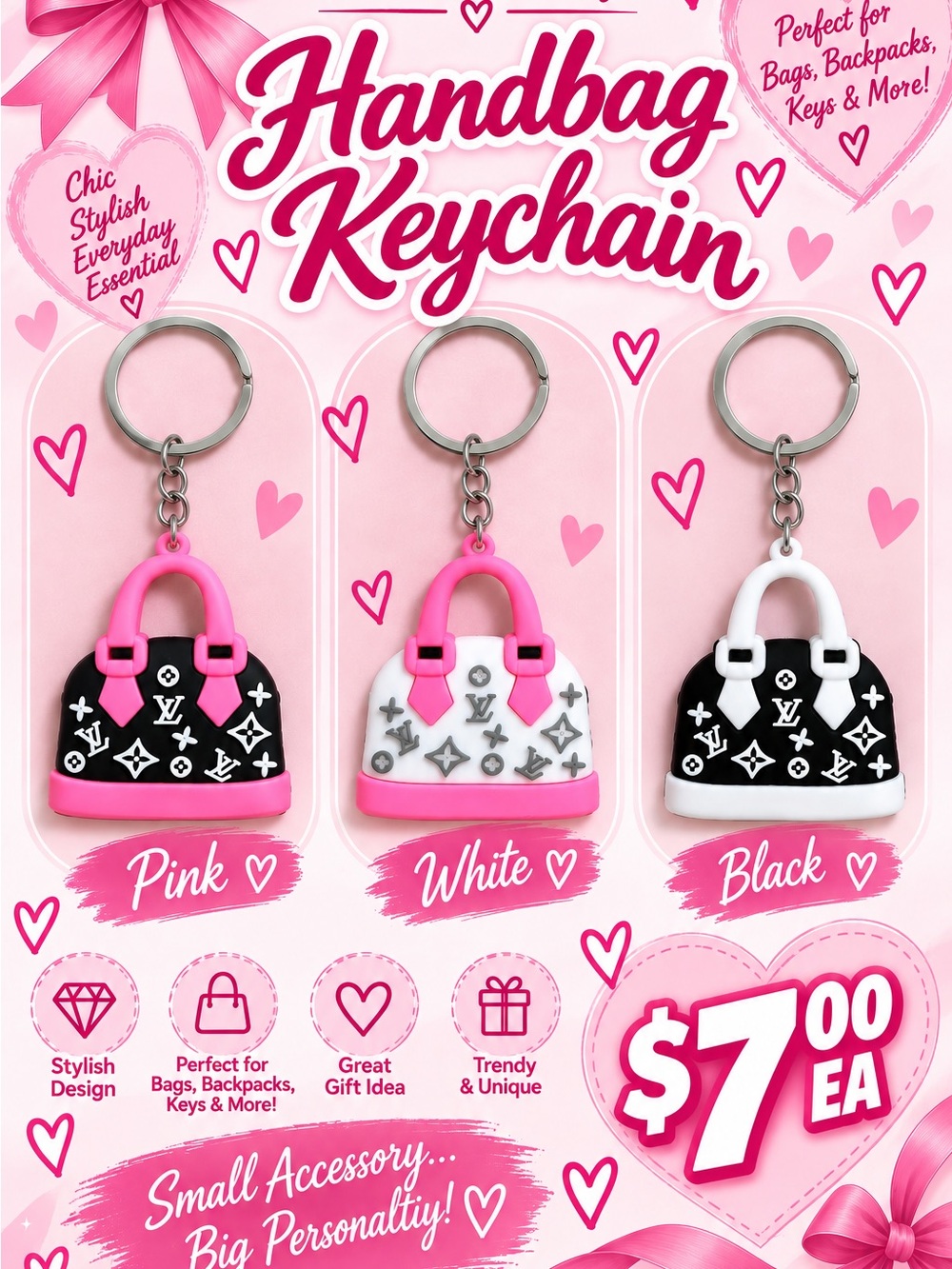 Handbag Keychain Charm - Pink, White, Black